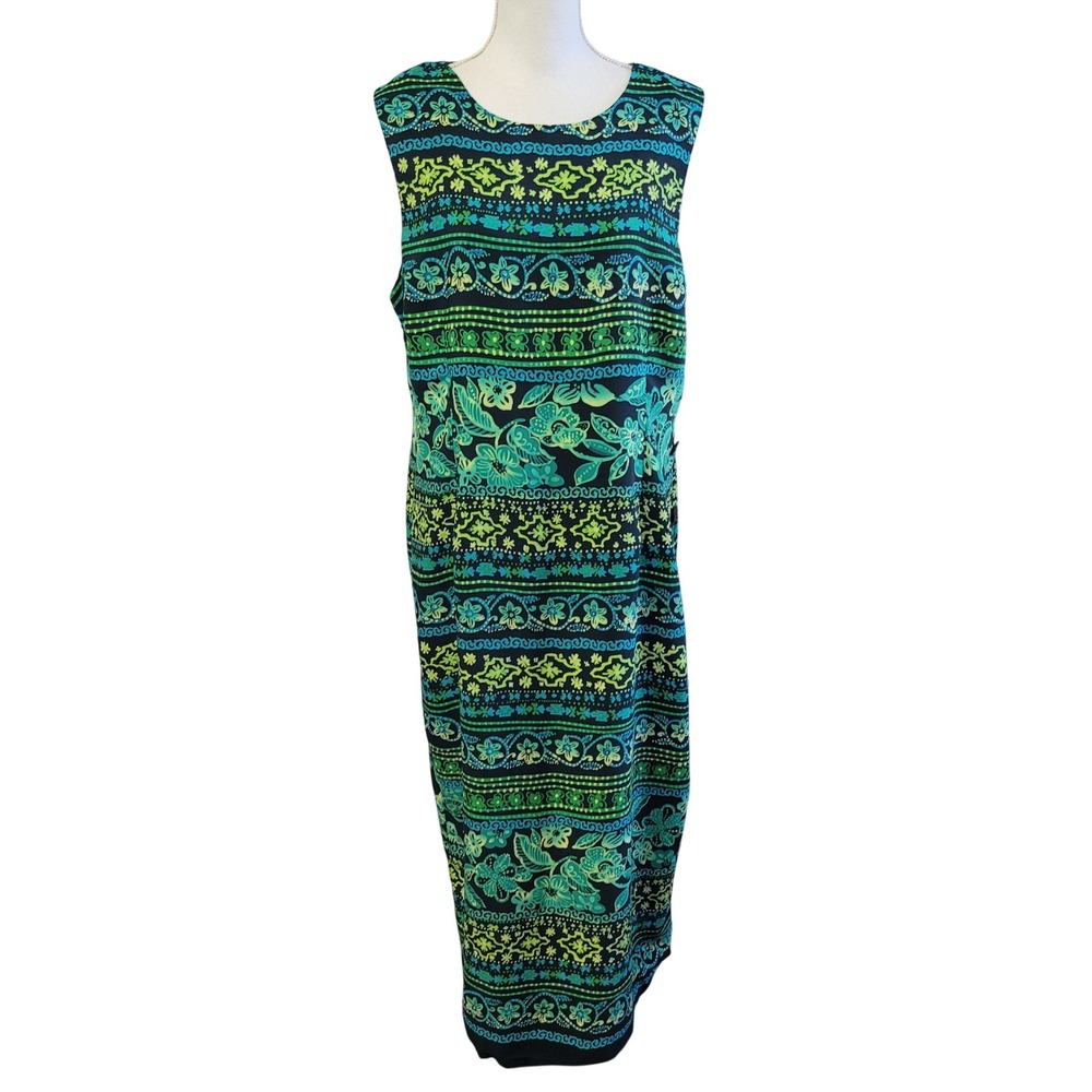 R K Originals Green Blue Floral Striped Sleeveless Maxi Dress Zip Size 18